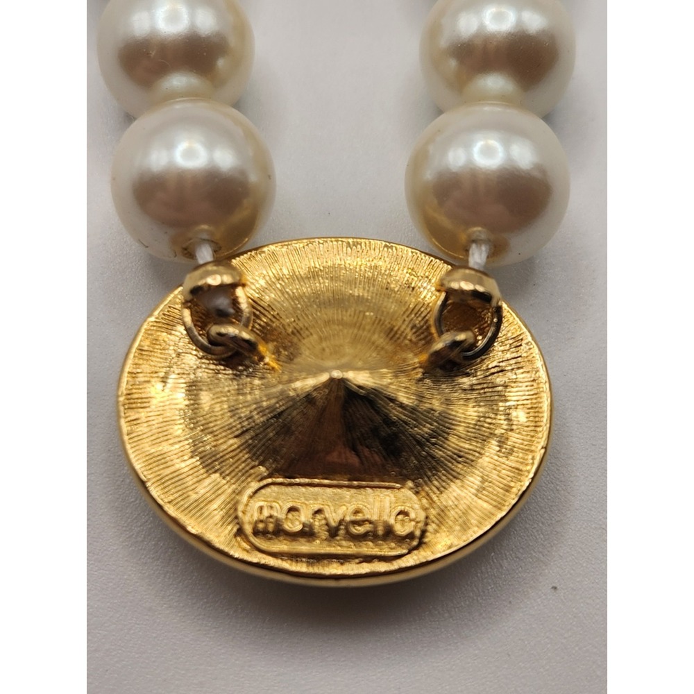 Vintage Marvella Faux Pearl Necklace Navy Blue Rhinestone Pendant Gold Tone 16in - Picture 4 of 4